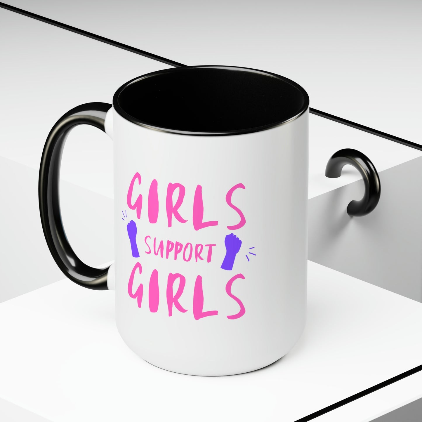 Girls Support Girls - 15oz Large Coffee Mugs - Inspirational Pink Coffee Mug, Gift for Women, Girl Power Gift, Gift for Women's History Month