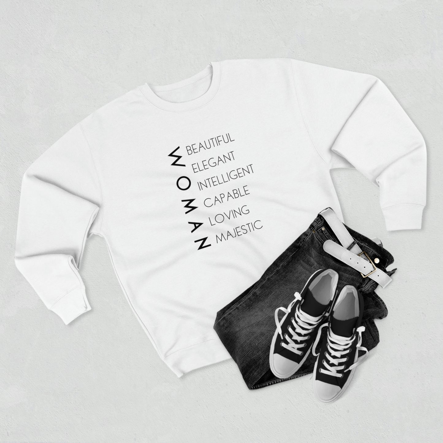 Woman - Unisex Premium Crewneck Sweatshirt - Empowerment Message, Soft Plush Sweatshirt, Strong Woman Gift, Gift Idea for Women