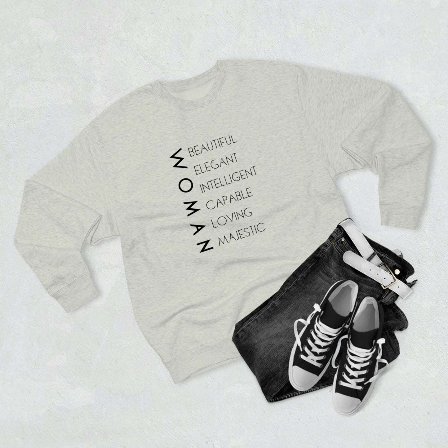 Woman - Unisex Premium Crewneck Sweatshirt - Empowerment Message, Soft Plush Sweatshirt, Strong Woman Gift, Gift Idea for Women