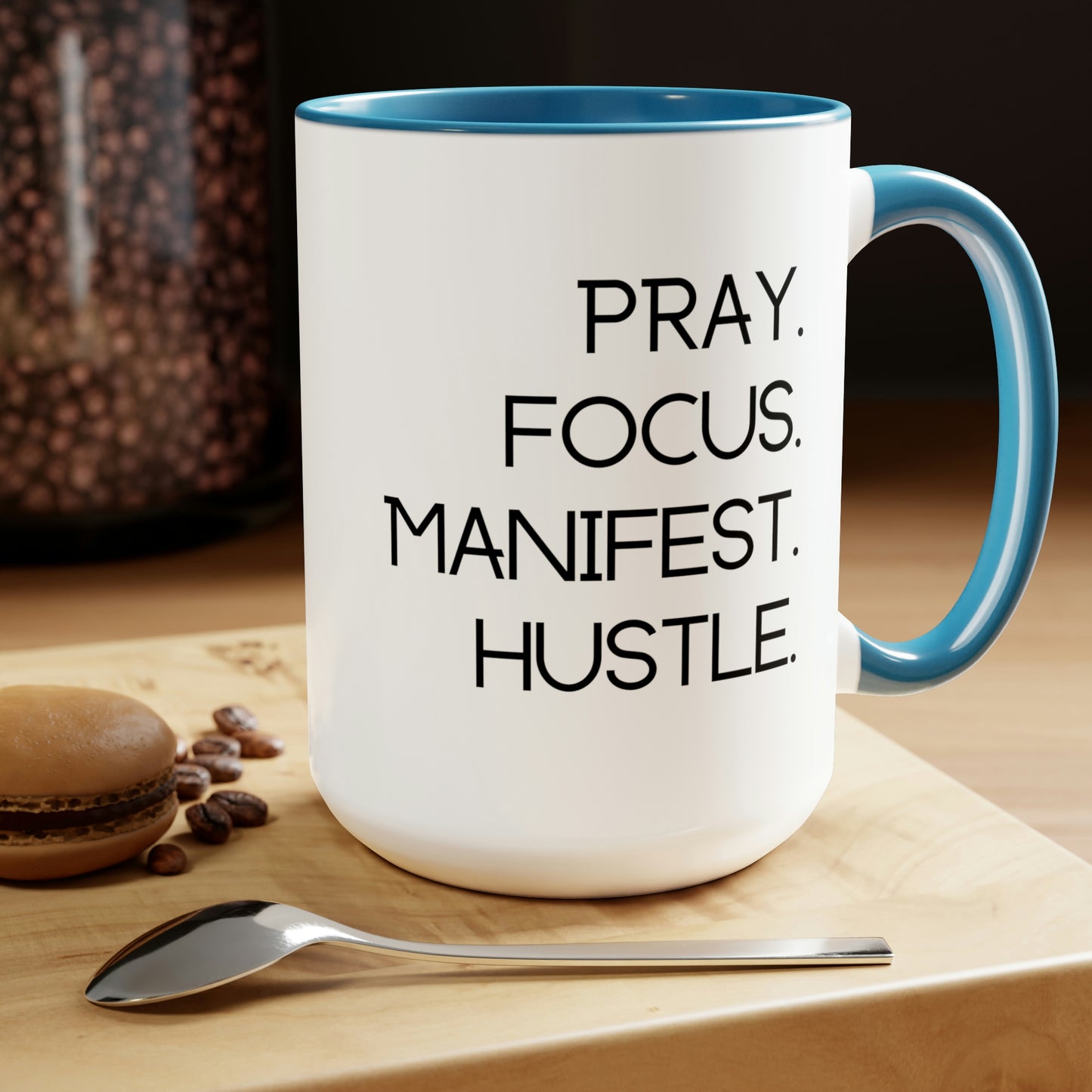 Pray Focus Manifest Hustle - 15oz Coffee Mugs - Inspirational Pink Coffee Mug, Gift for Hard Worker, Mug for Hustler, Religious Coffee Mug