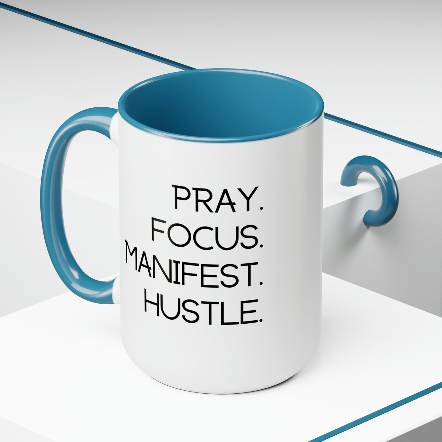 Pray Focus Manifest Hustle - 15oz Coffee Mugs - Inspirational Pink Coffee Mug, Gift for Hard Worker, Mug for Hustler, Religious Coffee Mug