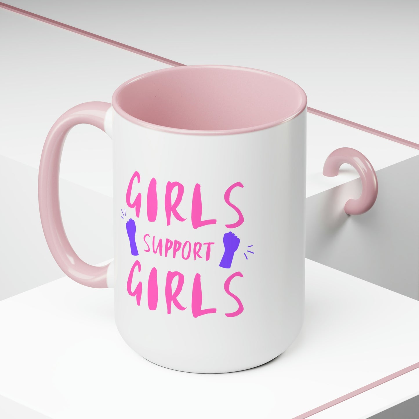 Girls Support Girls - 15oz Large Coffee Mugs - Inspirational Pink Coffee Mug, Gift for Women, Girl Power Gift, Gift for Women's History Month