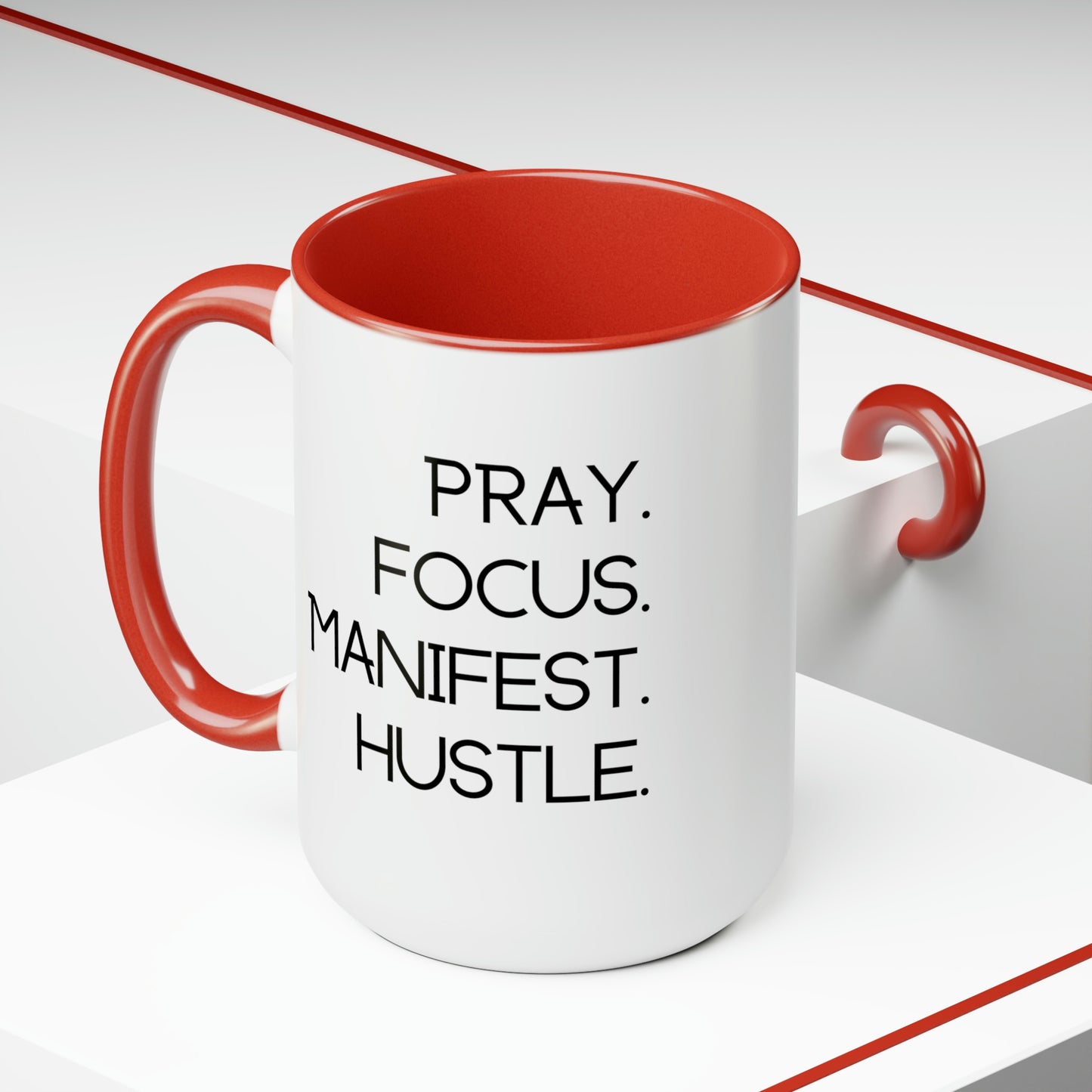 Pray Focus Manifest Hustle - 15oz Coffee Mugs - Inspirational Pink Coffee Mug, Gift for Hard Worker, Mug for Hustler, Religious Coffee Mug