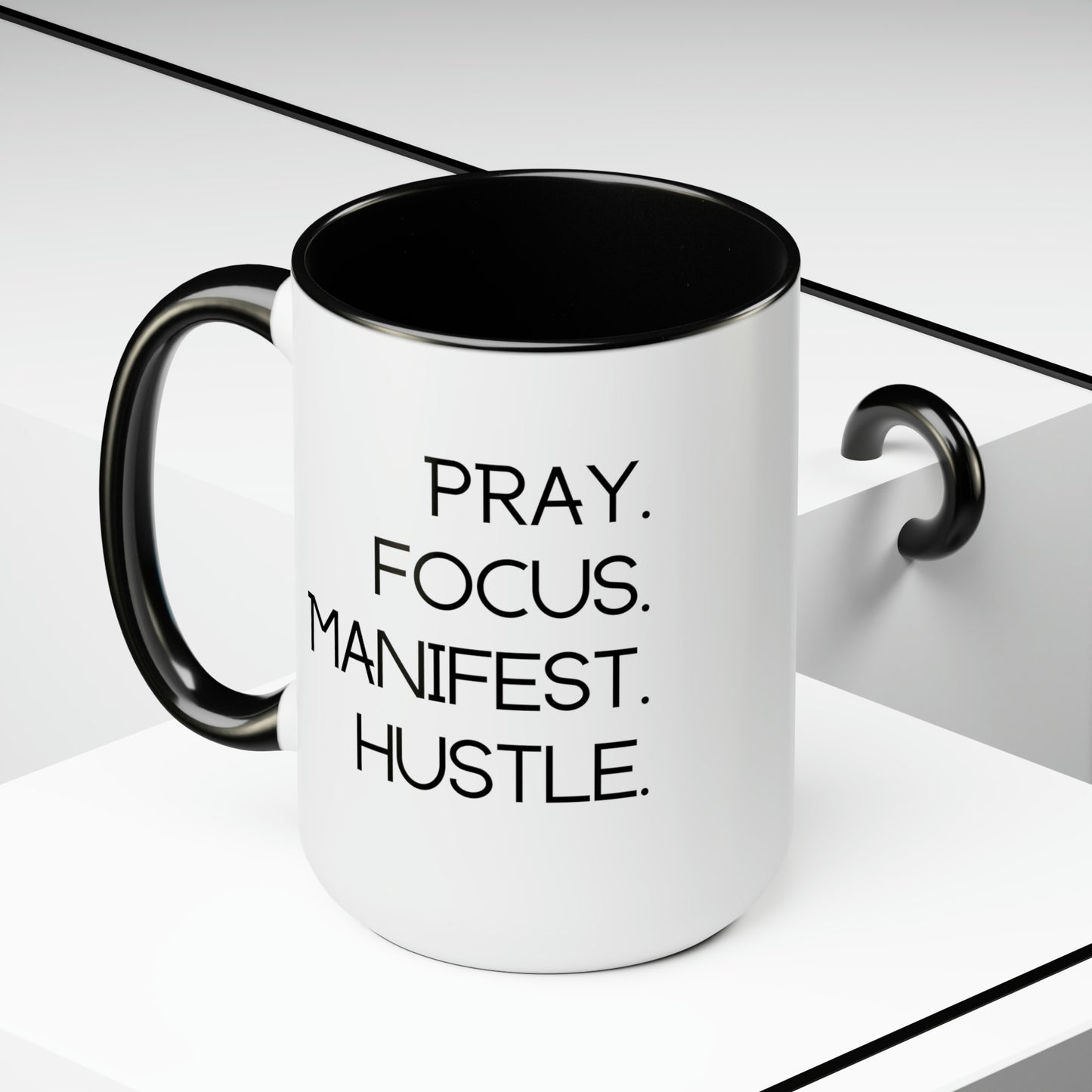 Pray Focus Manifest Hustle - 15oz Coffee Mugs - Inspirational Pink Coffee Mug, Gift for Hard Worker, Mug for Hustler, Religious Coffee Mug