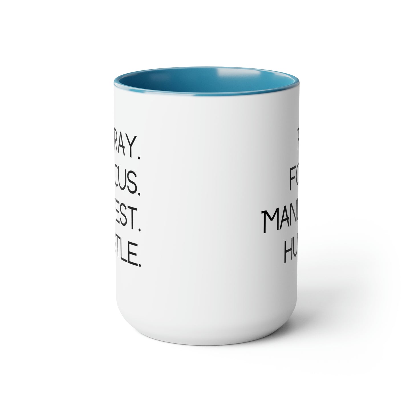 Pray Focus Manifest Hustle - 15oz Coffee Mugs - Inspirational Pink Coffee Mug, Gift for Hard Worker, Mug for Hustler, Religious Coffee Mug